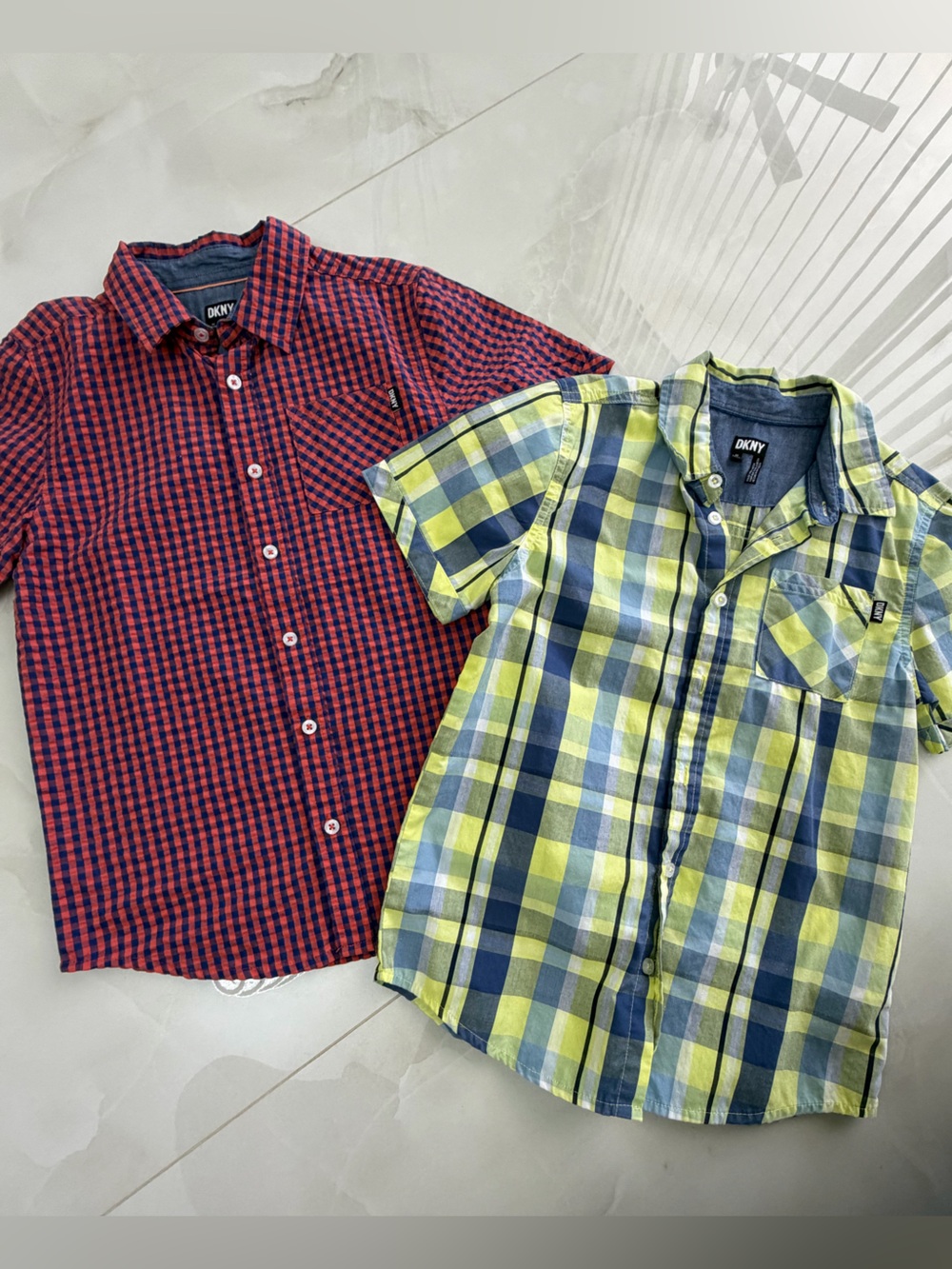 DKNY Yellow and Navy Striped Plaid Button-Up Shirt